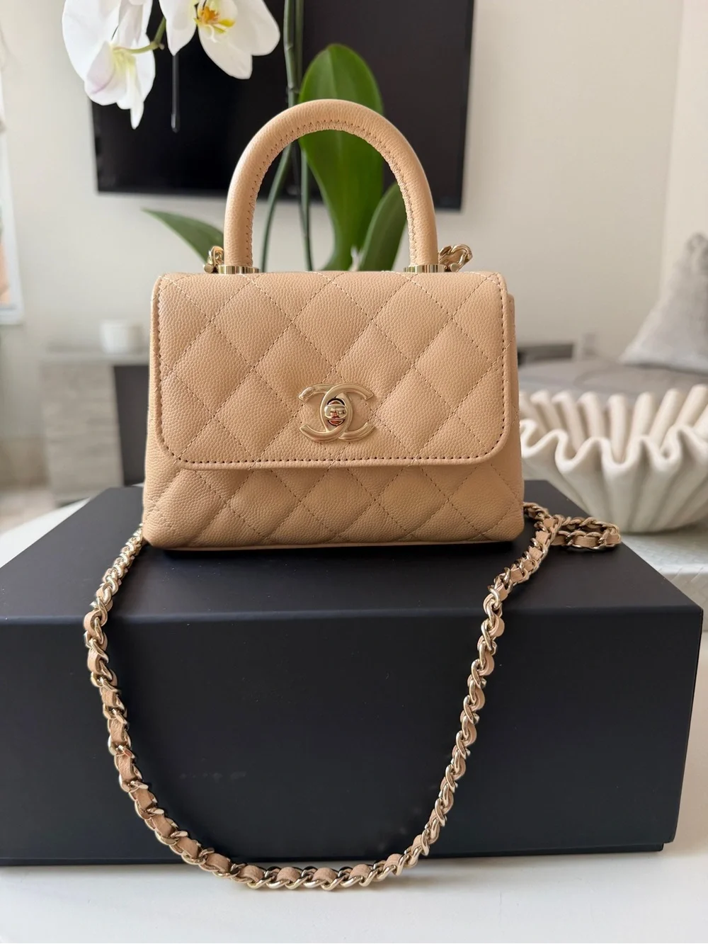 Chanel 24K AP4244 Micro Coco Handle Extra Mini Flap Beige Caviar Clutch GHW Bag